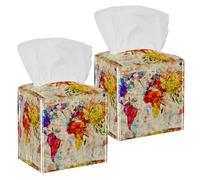 2PCS Square Tissue Box Cover, Vintage Old Grunge World Map Leather Tissue Case Facial Paper Organizer Dispenser for Vanity Toilet Tank Dresser Night Stand Table Countertop Office Car