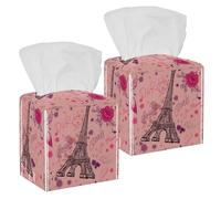 2PCS Square Tissue Box Cover, Vintage Paris Eiffel Tower Flowers Feathers Rose Pattern Leather Tissue Case Facial Paper Organizer Dispenser for Vanity Dresser Night Stand Table Countertop Office Car