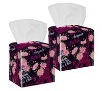 2PCS Square Tissue Box Cover, Vintage Paris Eiffel Tower Kisses Hearts Pink Chamomile Flowers Leather Tissue Case Facial Paper Organizer Dispenser for Vanity Dresser Night Stand Table Countertop
