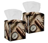 2PCS Square Tissue Box Cover, Vintage Still Life Compass Sextant Spyglass Old Map Pattern Leather Tissue Case Facial Paper Organizer Dispenser for Vanity Dresser Night Stand Table Office