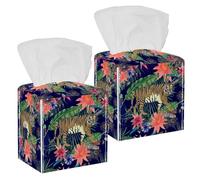 2PCS Square Tissue Box Cover, Vintage Tiger Cow Feathers Flowers Leaves Pattern Leather Tissue Case Facial Paper Organizer Dispenser for Vanity Toilet Tank Dresser Night Stand Table Countertop Office