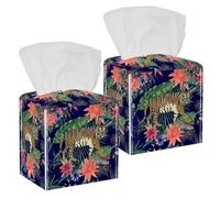 2PCS Square Tissue Box Cover, Vintage Watercolor Tiger Cow Feathers Elephant Pattern Leather Tissue Case Facial Paper Organizer Dispenser for Vanity Toilet Tank Dresser Night Stand Table Countertop