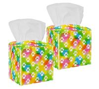 2PCS Square Tissue Box Cover, Watercolor Animal Footprint Dog Cat Paw Colorful Pattern Leather Tissue Case Facial Paper Organizer Dispenser for Vanity Toilet Tank Dresser Night Stand Table Countertop