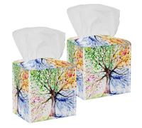 2PCS Square Tissue Box Cover, Watercolor Four Season Tree Leather Tissue Case Facial Paper Organizer Dispenser for Vanity Toilet Tank Dresser Night Stand Table Countertop Office Car