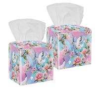 2PCS Square Tissue Box Cover, Watercolor Red Heads Crane Japanese Cherry Blossoms Leather Tissue Case Facial Paper Organizer Dispenser for Vanity Toilet Tank Dresser Night Stand Table Countertop