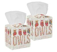 2PCS Square Tissue Box Cover, We are Cute Cartoon Owls Flowers Pink Colors Pattern Leather Tissue Case Facial Paper Organizer Dispenser for Vanity Toilet Tank Dresser Night Stand Table Countertop