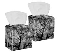 2PCS Square Tissue Box Cover, Weeping Willow Black White Leather Tissue Case Facial Paper Organizer Dispenser for Vanity Toilet Tank Dresser Night Stand Table Countertop Office Car