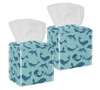 2PCS Square Tissue Box Cover, Whales Mermaids Narwhals and Dolphins Leather Tissue Case Facial Paper Organizer Dispenser for Vanity Toilet Tank Dresser Night Stand Table Countertop Office Car