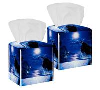 2PCS Square Tissue Box Cover, Whales Moonlight Leather Tissue Case Facial Paper Organizer Dispenser for Vanity Toilet Tank Dresser Night Stand Table Countertop Office Car