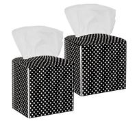 2PCS Square Tissue Box Cover, White Polka Dots on Black Backgroun Leather Tissue Case Facial Paper Organizer Dispenser for Vanity Toilet Tank Dresser Night Stand Table Countertop Office Car
