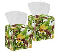 2PCS Square Tissue Box Cover, Wild Animals Giraffe Green Leaf Leather Tissue Case Facial Paper Organizer Dispenser for Vanity Toilet Tank Dresser Night Stand Table Countertop Office Car