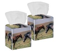2PCS Square Tissue Box Cover, Wild Horses Leather Tissue Case Facial Paper Organizer Dispenser for Vanity Toilet Tank Dresser Night Stand Table Countertop Office Car