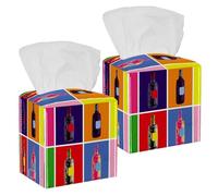 2PCS Square Tissue Box Cover, Wine Bottles Drink Colorful Pop Art Style Leather Tissue Case Facial Paper Organizer Dispenser for Vanity Toilet Tank Dresser Night Stand Table Countertop Office Car