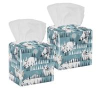 2PCS Square Tissue Box Cover, Winter White Bear Arctic Polar Nature Watercolor Pattern Leather Tissue Case Facial Paper Organizer Dispenser for Vanity Toilet Tank Dresser Night Stand Table Countertop