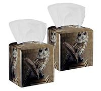 2PCS Square Tissue Box Cover, Wise Owl Leather Tissue Case Facial Paper Organizer Dispenser for Vanity Toilet Tank Dresser Night Stand Table Countertop Office Car
