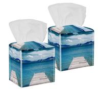2PCS Square Tissue Box Cover, Wood Pier on The Sea Under Blue Sky Leather Tissue Case Facial Paper Organizer Dispenser for Vanity Toilet Tank Dresser Night Stand Table Countertop Office Car