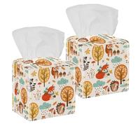 2PCS Square Tissue Box Cover, Woodland Animals Trees Rainy Clouds Mushrooms Leaves Autumn Pattern Leather Tissue Case Facial Paper Organizer Dispenser for Vanity Dresser Night Stand Table Countertop