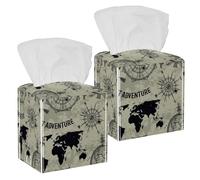 2PCS Square Tissue Box Cover, World Map and Leading Mark Wheel Leather Tissue Case Facial Paper Organizer Dispenser for Vanity Toilet Tank Dresser Night Stand Table Countertop Office Car