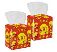 2PCS Square Tissue Box Cover, Yellow Skull Head Danger Leather Tissue Case Facial Paper Organizer Dispenser for Vanity Toilet Tank Dresser Night Stand Table Countertop Office Car