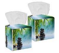 2PCS Square Tissue Box Cover, Zen Stones and Bamboo Leather Tissue Case Facial Paper Organizer Dispenser for Vanity Dresser Night Stand Table Countertop Office Car