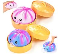 2PCS Squishy Bao Dumpling, Colorful Mystery Stress Dumplings with Plastic Steamer Box, Squishy Bao Dumpling Toy, Colors Smiley Face Mystery Glitter Dump-lings Fidget Toy for Adults Kids