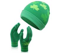 2PCS St Patrick's Day Beanie and Gloves Set Spring Green Shamrock Hat St Patricks Day Accessories Irish Knitted Hat Clover Glove for Women and Men Saints Beanie Gift, Green