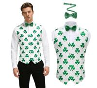 2PCS St. Patrick's Day Waistcoat with Green Bow Tie, Mens Leprechaun Costume with Shamrock Beer Print Sleeveless and V-Neck Saint Patrick Fancy Dress for Irish St. Paddy's Day (White Clover,XL）