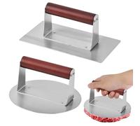 2pcs Stainless Steel Burger Press Hamburger Patty Maker 6.3" Round and 8 * 4.3" Rectangular Heavy Duty Cast Iron Grill Press Non-Stick Stainless Steel Wooden Handle for Sandwich Maker