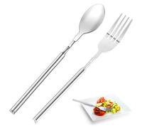 2Pcs Stainless Steel Extendable Fork and Spoon Set, Rustproof Telescopic Long Fork Extendable Spoon, Sturdy Retractable Tableware Extends to 25 Inch for BBQ Fruit Dessert Dinner