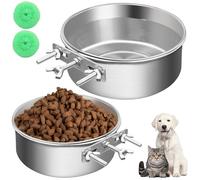 2Pcs Stainless Steel Hanging Pet Bowl, with Three Bolt Holder Water Bowl Food Bowl for Kennel Cage Crates, Pet Bowl for Dog Cat Bird Pig Rabbit, Sturdy Durable with Cleaning Ball(16CM+14CM)