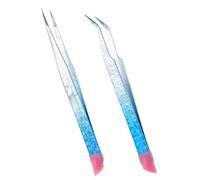 2Pcs Stainless Steel Nail Art Tweezers With Silicone Pressing Head for Eyelash Extensions, Sticker Craft, Rhinestone and Jewel Gem Picker - Ice Blue