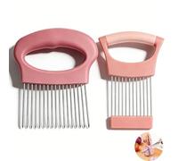 2Pcs Stainless Steel Onion Holder, Onion Slicer Tool Kit with 22 Long Needles & 10 Long Needles, Kitchen Hacks Gadgets Veg Chopper for Tomatoes Potatoes Lemon Meat(Pink)