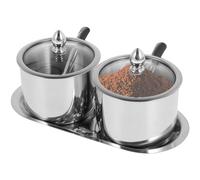 2PCS Stainless Steel Sugar Bowl with Glass Lid Spoon and Tray, Rustproof Round Condiment Pots, Polished Shiny Sugar Container Seasoning Jar, Kitchen Spice Container Canister for Salt Candy, 22x10cm