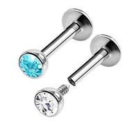 KJM FASHION 2PCS Steel Internally Threaded Labret Studs 16g 1/4 6mm 3mm Aquamarine Crystal Helix Earrings Monroe Piercing Jewellery 0414