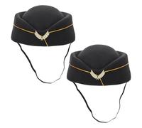 2pcs Stewardess Beret Hat Black Felt Woolen Air Hostess Uniform Cap | Classic Vintage Style with Embroidery and Gold Accents, Elastic Chin Strap Reduces Fatigue, for Airline Staff Costume