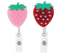 2pcs Strawberry Badge Reel, Acrylic Cute Retractable ID Name Card Holder Nurse Keychain Lanyard with Durable Cord & Alligator Clip for Doctors Teachers Students