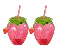 2Pcs Strawberry Cup 500ml Cute Cartoon Clear Strawberry Tumbler with Straw, Lid and Pendant Hawaiian Decorations Portable Water Bottle for Home Office School