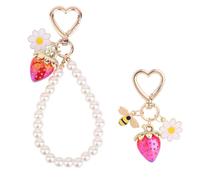 2pcs Strawberry Keychains, Resin and Alloy Fruit Daisy Strawberry Bee Keychain Key Chain Keyring Key Ring and Berry Pearl Chain for Women Backpack Purse Decor