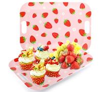 2Pcs Strawberry Serving Trays 16 x 11 Inch Large Melamine Strawberry Trays Platters with Handles Summer Berry Outdoor Food Trays Pink Serving Dishes for Strawberry Birthday Party Decorations