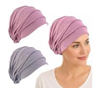 2Pcs Stretchy Cotton Beanie Hats for Women Men, Soft Lightweight Skull Cap | Headwear, Breathable Sleep Hat, Daily Yoga Indoor Outdoor Use, Taro Purple & Grey