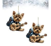 2Pcs Strumming Yorkshire Terrier Christmas Decor, Cute Yorkie Dog Christmas Tree Hanging Ornaments, 2D Acrylic Adorable Dog Pendant Decoration for Home or Car Rearview Mirror Decor
