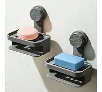 2pcs Suction Soap Dish for Shower, Grey Double Layer Soap Dish with Drainage, Max Hold 5 kg Soap Holder Wall Mounted Sponge Tray Plastic Sink Holder Suction Cup