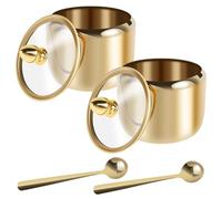 2pcs Sugar Bowl with Clear Glass Lid and Spoon,10oz Satinless Steel Salt Pot, Gold Sugar Container, Dishwasher Safe Spice Salt Canister, Seasoning Box Condiment Pot for Salts Candy Coffee Bean(2pcs)