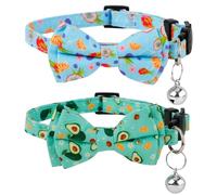 2pcs Summer Cat Collars, Cute Fruit Theme Cat Collar with Bowtie & Bell Adjustable Soft Cat Bow Tie Collar with Dragon Fruit Avocado Pattern for Girls Boys Kitten (Blue, Green)