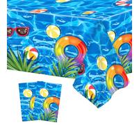 2Pcs Summer Pool Beach Table Cloth Party,130*220cm Blue Plastic Ocean Waves Table Cover Under the Sea Tablecloth for Kids Birthday Hawaiian Underwarter Summer Swimming Pool Party Decorations Supplies
