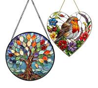 2PCS Sun Catchers for Windows, Colourful Bird and Tree Sun Catcher, Garden and Patio Ornaments, Two Piece Set for Home Decoration