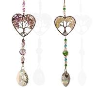 2Pcs Sun Catchers for Windows, Crystal Suncatcher, Hanging Crystals for Windows, Heart Shaped Tree of Life Hanging Ornament Chakra Stones Pendant Green Amethyst for Car Home Garden Decorations
