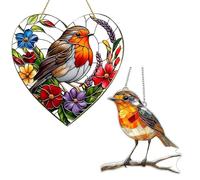 2pcs Sun Catchers for Windows - Heart with Robin & Flowers and Round Sun Landscape, 20x20cm Acrylic Hanging Ornaments, for Home/Garden Decor, for Nature Lovers