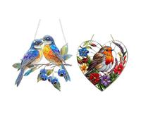2Pcs Sun Catchers for Windows, Sun Catcher Large Heart - Shaped Robin Bird Suncatcher with Stained Effect - Ideal Hanging Window Decor