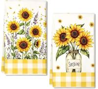 2pcs Sunflower Tea Towels for Kitchen, Spring Summer Decorations Dish Towels Buffalo Plaid Kitchen Towel Absorbent Quick Dry Cloth Reusable Hand Towel Spring Summer Party Accessories (40x60cm)